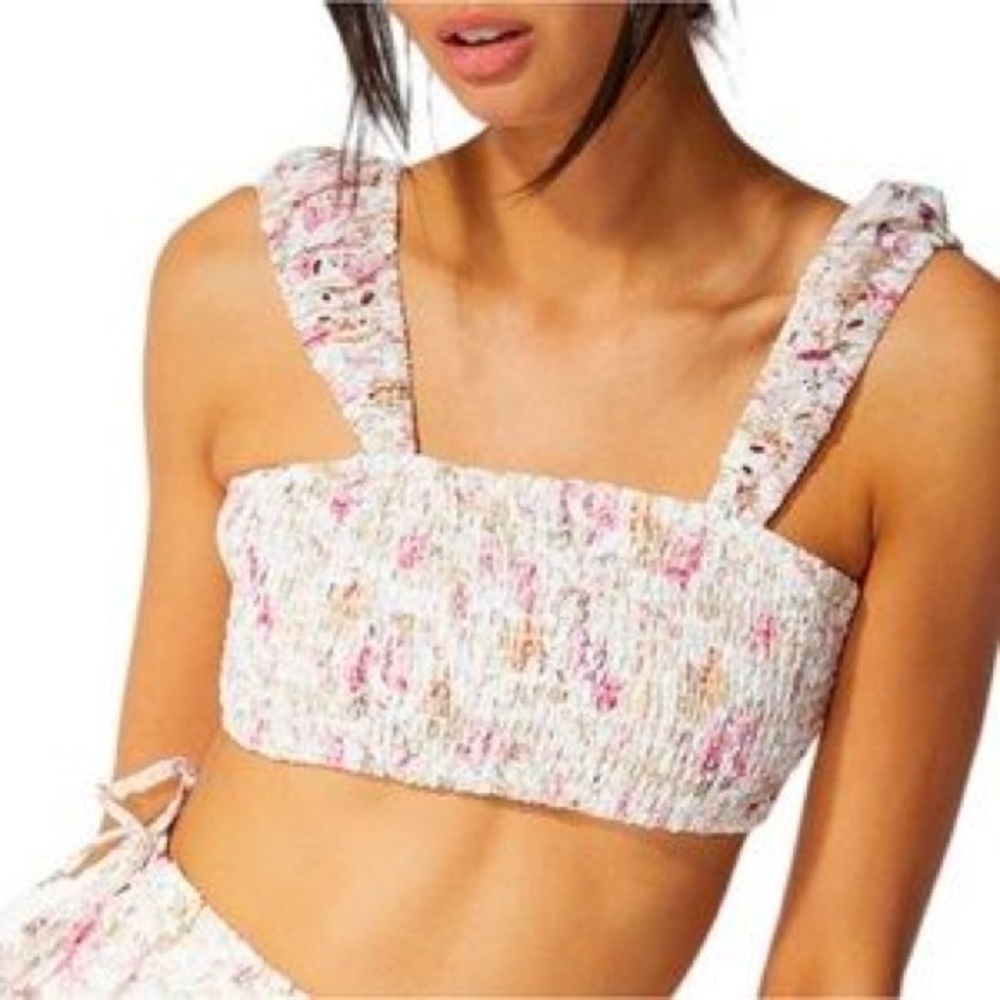 Smocked floral pink and white crop top tie back size S/XS